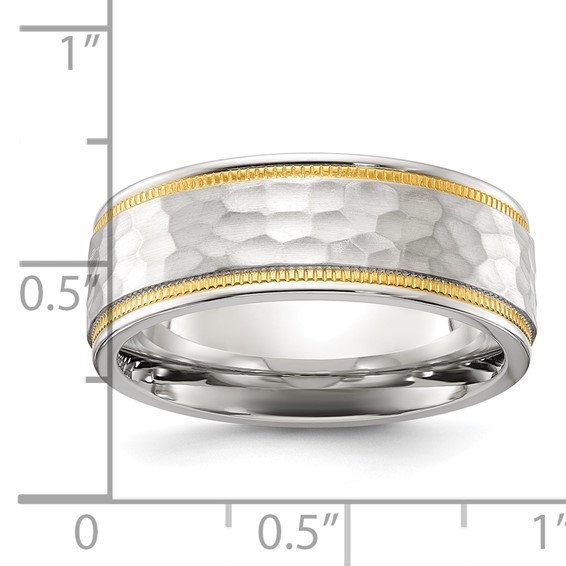 Chisel Stainless Steel Brushed and Polished Hammered Yellow IP-plated 8mm Band
