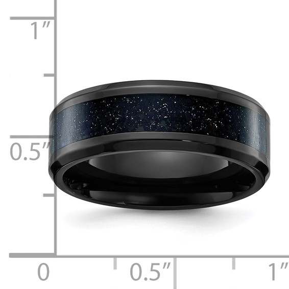 Chisel Stainless Steel Polished Black IP-plated with Blue Star Sandstone Inlay 8mm Band