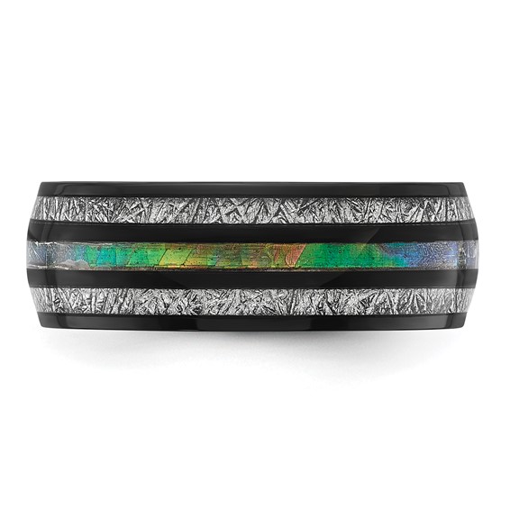Chisel Stainless Steel Polished Black IP-plated with Abalone and Imitation Meteorite 8mm Band