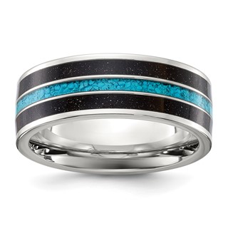 Chisel Stainless Steel Polished with Turquoise and Black Star Sandstone Inlay 8mm Band