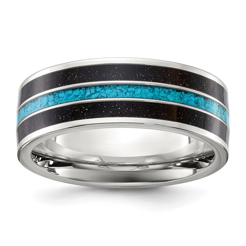 Chisel Stainless Steel Polished Band with Turquoise and Black Star Sandstone Inlay 8mm