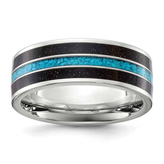 Chisel Stainless Steel Polished with Turquoise and Black Star Sandstone Inlay 8mm Band