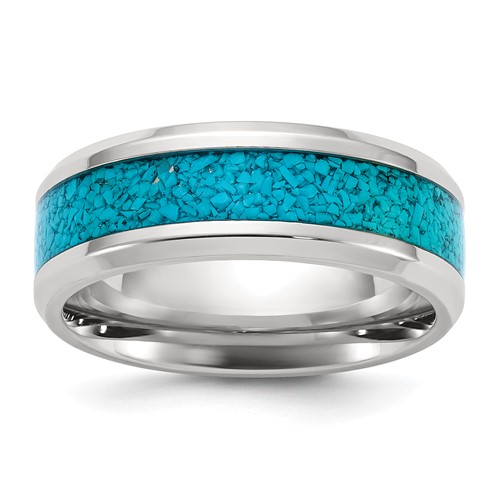 Chisel Stainless Steel Polished Band with Turquoise Inlay 8mm