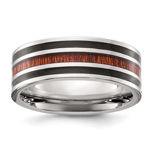 Chisel Stainless Steel Polished Band with Black Resin and Wood Inlay 8mm