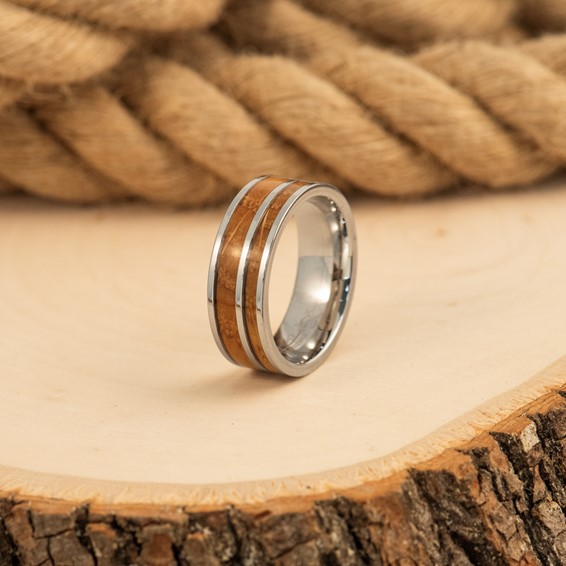 Chisel Stainless Steel Polished with Wood Inlay 8mm Band