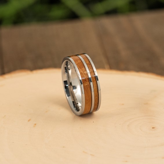 Chisel Stainless Steel Polished with Wood Inlay 8mm Band