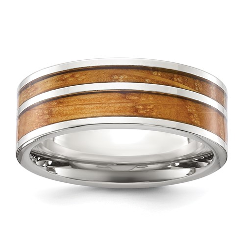 Chisel Stainless Steel Polished Band with Wood Inlay 8mm