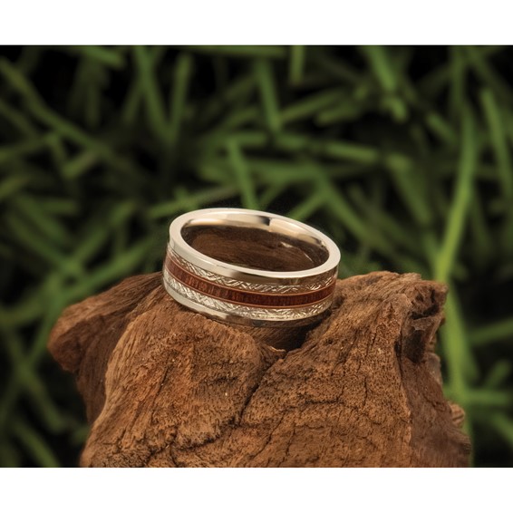 Chisel Stainless Steel Polished with Wood and Imitation Meteorite Inlay 8mm Band