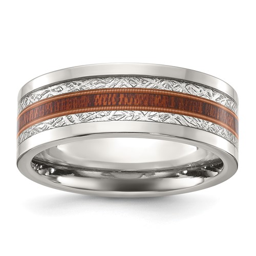 Chisel Stainless Steel Polished Band with Wood and Imitation Meteorite Inlay 8mm