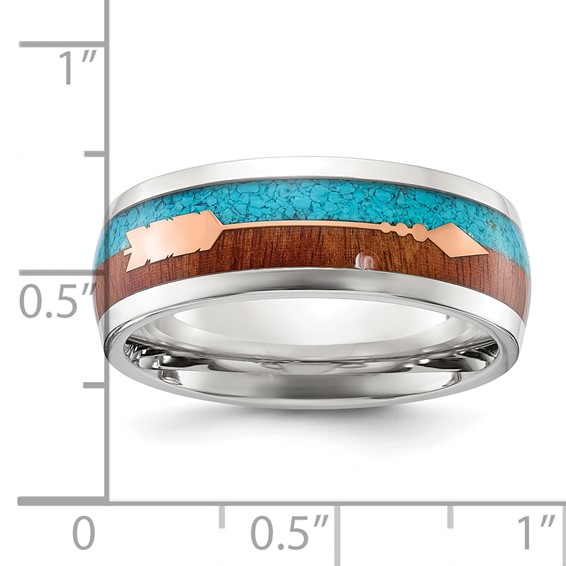 Chisel Stainless Steel Polished Arrow with Turquoise and Wood Inlay 8mm Band