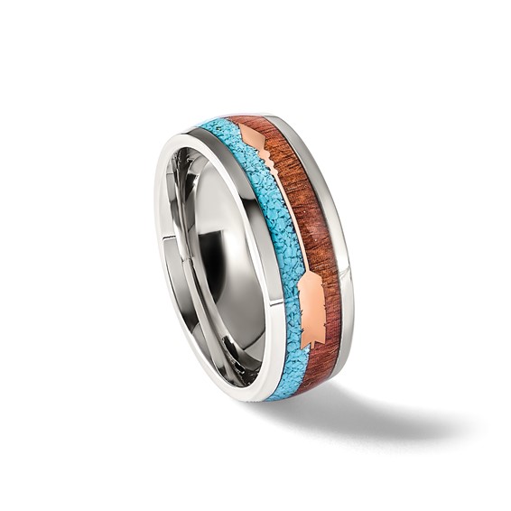 Chisel Stainless Steel Polished Arrow with Turquoise and Wood Inlay 8mm Band