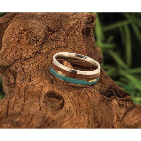 Chisel Stainless Steel Polished Arrow with Turquoise and Wood Inlay 8mm Band