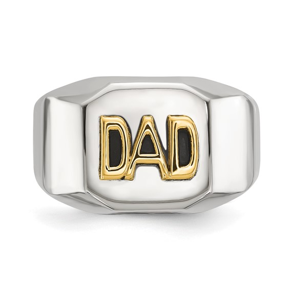 Chisel Stainless Steel Polished with 14K Gold Accent DAD with Black Enamel Signet Ring