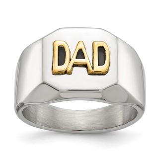 Chisel Stainless Steel Polished with 14K Gold Accent DAD with Black Enamel Signet Ring