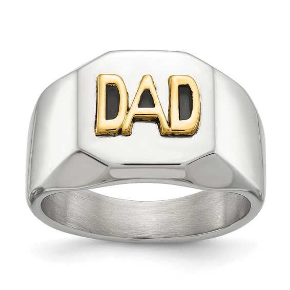 Chisel Stainless Steel Polished with 14K Gold Accent DAD with Black Enamel Signet Ring