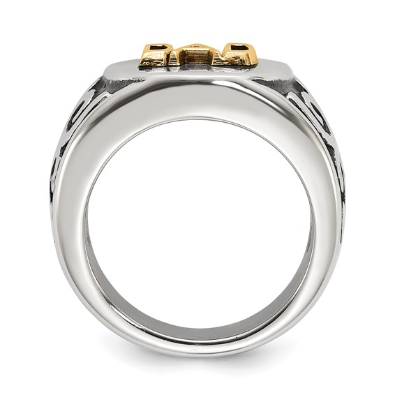 Chisel Stainless Steel Polished with 14K Gold Accent and .01ct Diamond DAD with Black Enamel Shield Ring