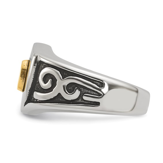 Chisel Stainless Steel Polished with 14K Gold Accent and .01ct Diamond DAD with Black Enamel Shield Ring