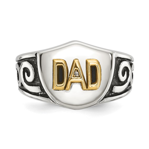 Chisel Stainless Steel Polished with 14K Gold Accent and .01ct Diamond DAD with Black Enamel Shield Ring