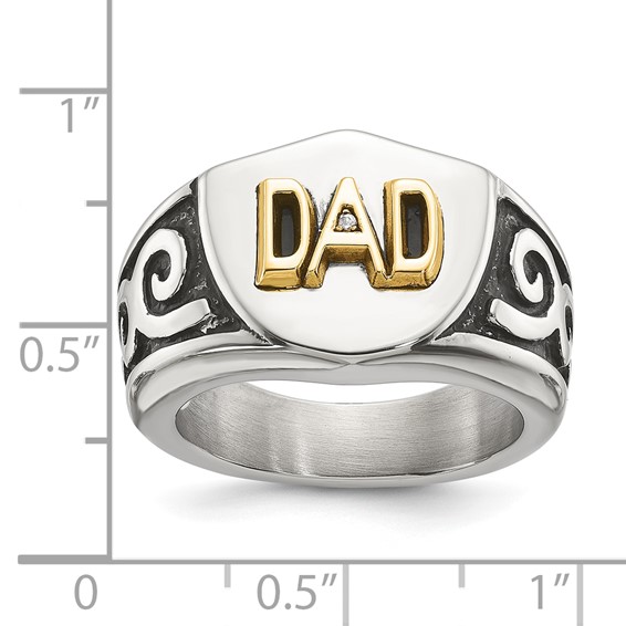 Chisel Stainless Steel Polished with 14K Gold Accent and .01ct Diamond DAD with Black Enamel Shield Ring