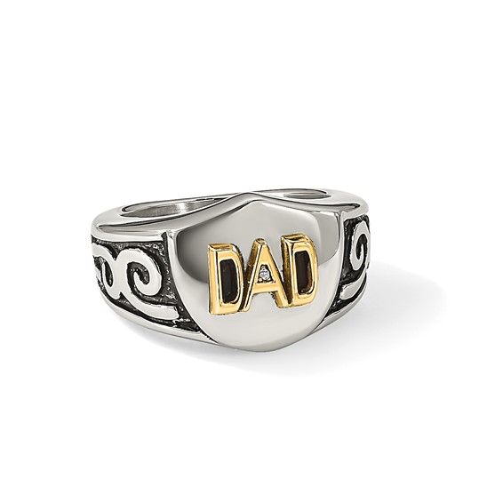 Chisel Stainless Steel Polished with 14K Gold Accent and .01ct Diamond DAD with Black Enamel Shield Ring