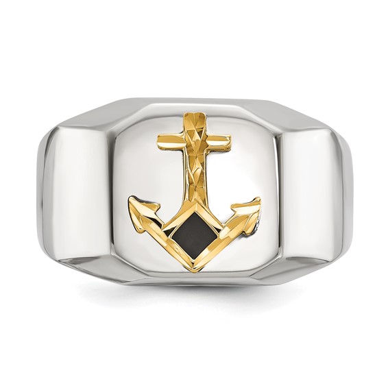 Chisel Stainless Steel Polished with Diamond-cut 14K Gold Accent Anchor with Black Enamel Signet Ring