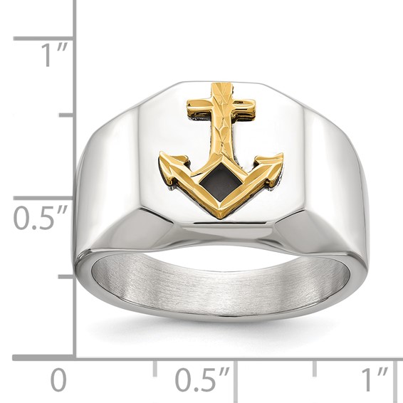 Chisel Stainless Steel Polished with Diamond-cut 14K Gold Accent Anchor with Black Enamel Signet Ring