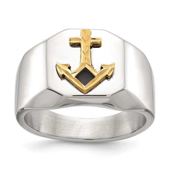 Chisel Stainless Steel Polished with Diamond-cut 14K Gold Accent Anchor with Black Enamel Signet Ring