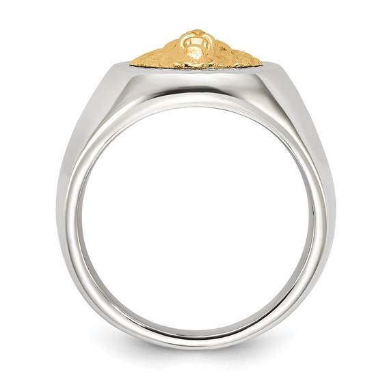 Chisel Stainless Steel Polished with 14K Gold Accent Lion Head Signet Ring