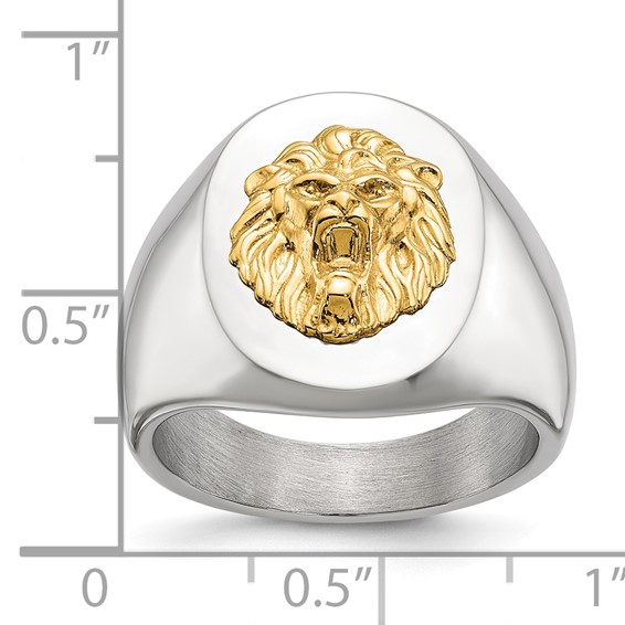 Chisel Stainless Steel Polished with 14K Gold Accent Lion Head Signet Ring