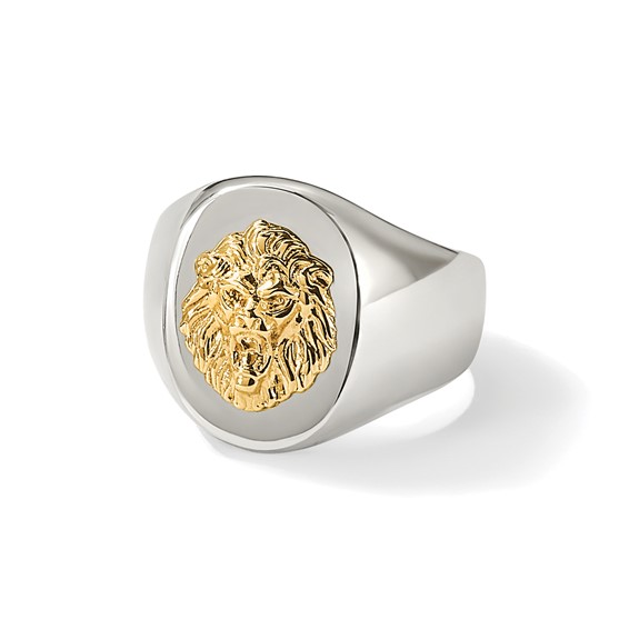 Chisel Stainless Steel Polished with 14K Gold Accent Lion Head Signet Ring