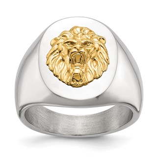 Chisel Stainless Steel Polished with 14K Gold Accent Lion Head Signet Ring