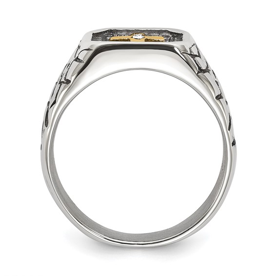 Chisel Stainless Steel Antiqued and Polished Yellow IP-plated with CZ Cross Signet Ring