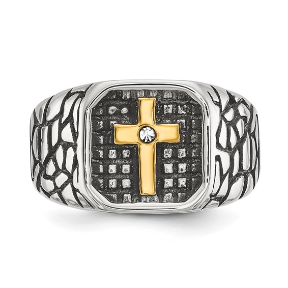 Chisel Stainless Steel Antiqued and Polished Yellow IP-plated with CZ Cross Signet Ring