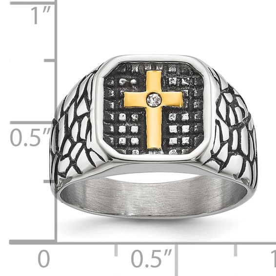Chisel Stainless Steel Antiqued and Polished Yellow IP-plated with CZ Cross Signet Ring