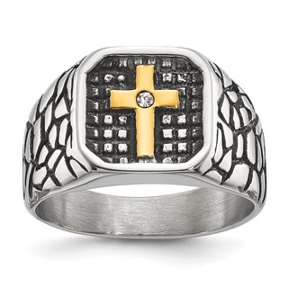 Chisel Stainless Steel Antiqued and Polished Yellow IP-plated with CZ Cross Signet Ring