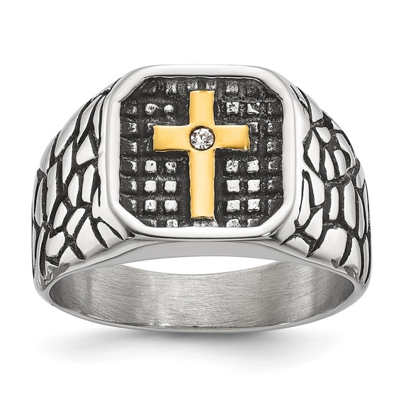 Chisel Stainless Steel Antiqued and Polished Yellow IP-plated with CZ Cross Signet Ring