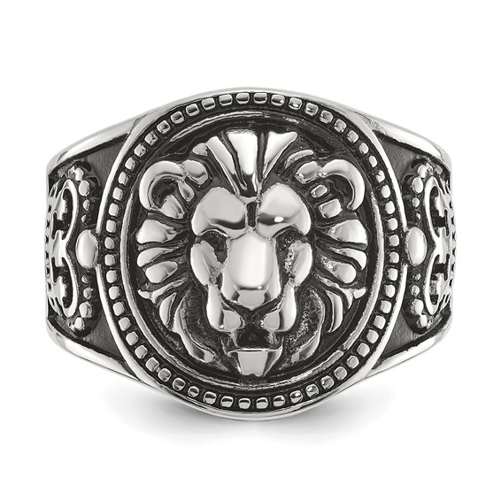 Chisel Stainless Steel Antiqued and Polished Lion Ring