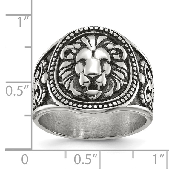 Chisel Stainless Steel Antiqued and Polished Lion Ring