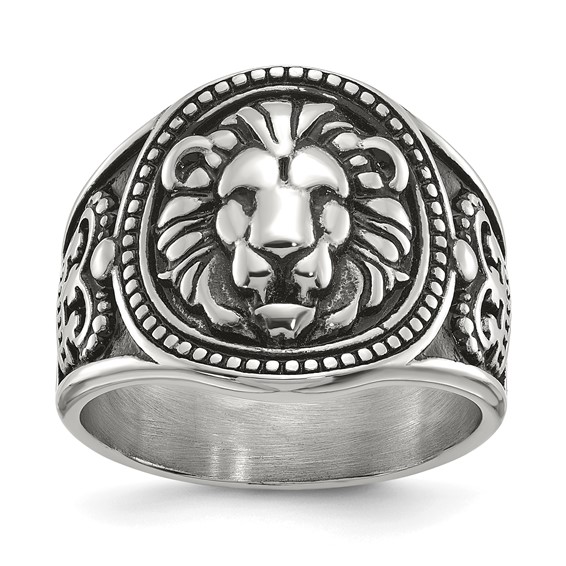 Chisel Stainless Steel Antiqued and Polished Lion Ring
