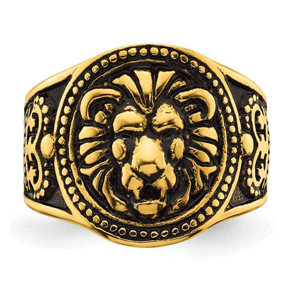 Stainless Steel Yellow IP Antiqued and Polished Lion Ring