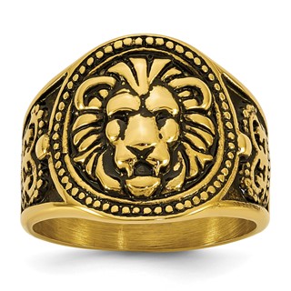 Stainless Steel Yellow IP Antiqued and Polished Lion Ring