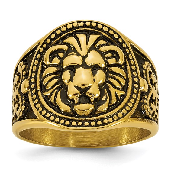 Stainless Steel Yellow IP Antiqued and Polished Lion Ring