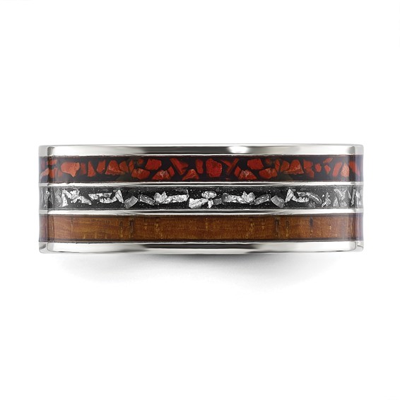 "Chisel Stainless Steel Polished with Wood, Imitation Meteorite and Red Stone Inlay 8mm Band"