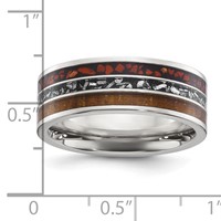 Chisel Stainless Steel Polished Band with Wood, Imitation Meteorite and Red Stone Inlay 8mm view 4