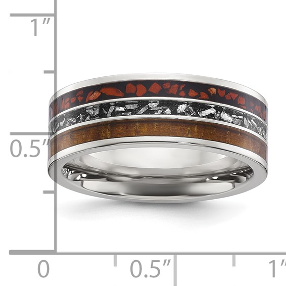"Chisel Stainless Steel Polished with Wood, Imitation Meteorite and Red Stone Inlay 8mm Band"