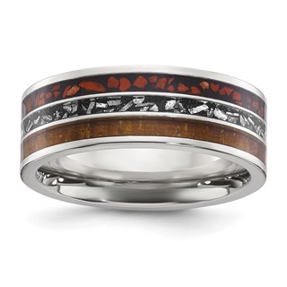 "Chisel Stainless Steel Polished with Wood, Imitation Meteorite and Red Stone Inlay 8mm Band"