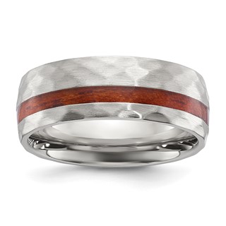 Chisel Stainless Steel Brushed and Hammered with Wood Inlay 8mm Band