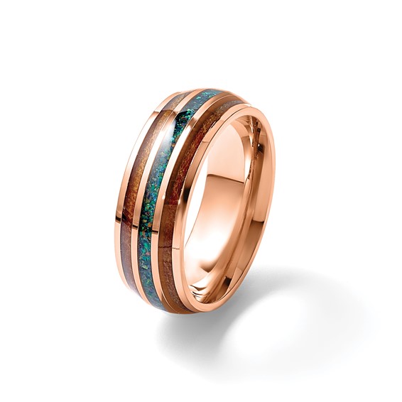 Chisel Stainless Steel Polished Rose IP-plated with Wood and Imitation Opal Inlay 8mm Band