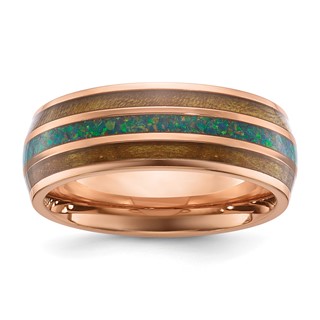 Chisel Stainless Steel Polished Rose IP-plated with Wood and Imitation Opal Inlay 8mm Band