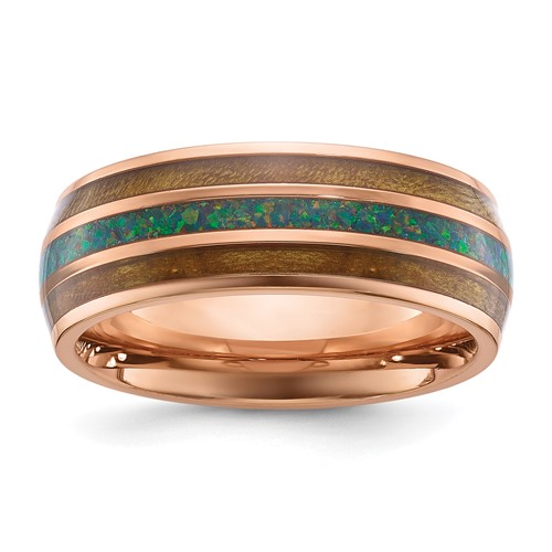 Chisel Stainless Steel Polished Rose IP-plated Band with Wood and Imitation Opal Inlay 8mm